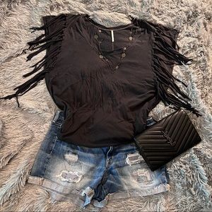 FREE PEOPLE- boho fringe charcoal grey t-shirt (S)